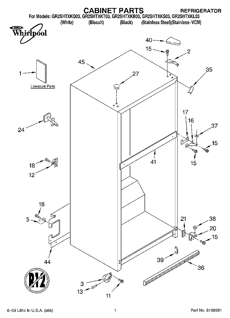 CABINET PARTS Diagram and Parts List for GR2SHTXKL03  Whirlpool Refrigerator
