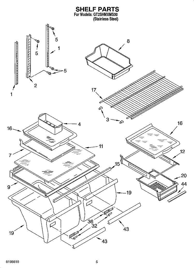 SHELF PARTS Diagram and Parts List for GT2SHMXMS00  Whirlpool Refrigerator