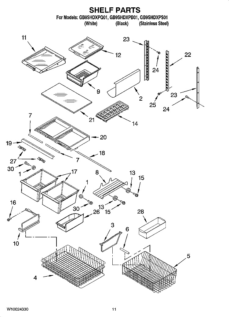SHELF PARTS, OPTIONAL PARTS Diagram and Parts List for GB9SHDXPB01  Whirlpool Refrigerator