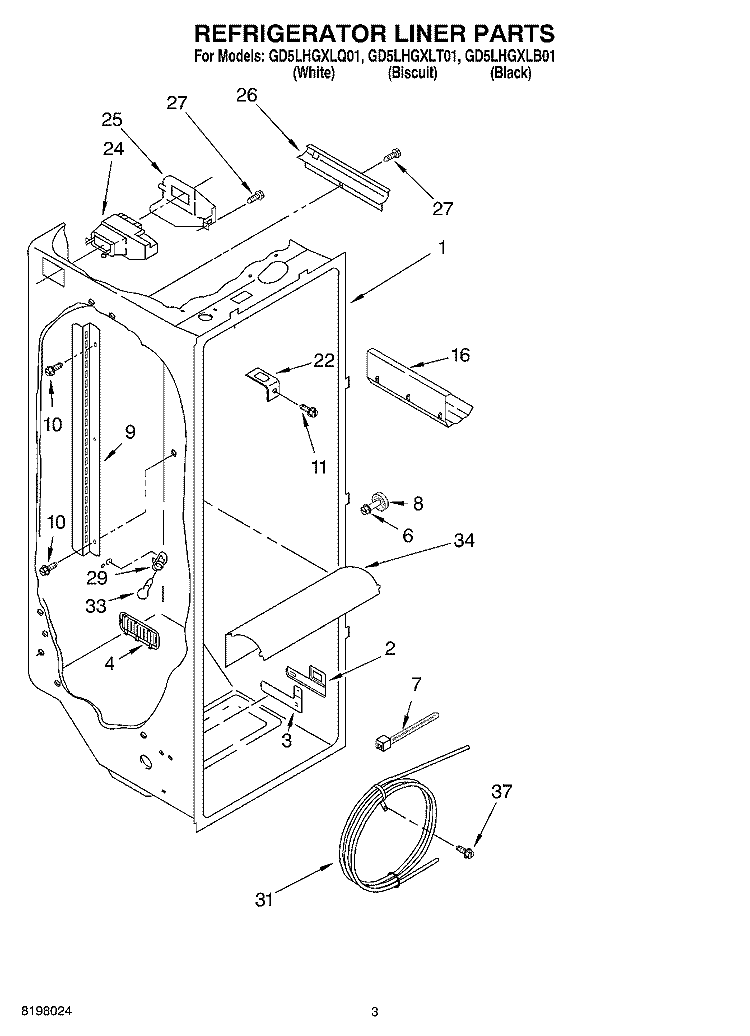 REFRIGERATOR LINER Diagram and Parts List for GD5LHGXLT01  Whirlpool Refrigerator