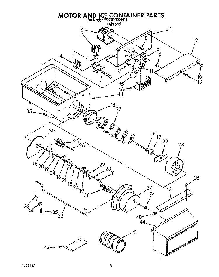 MOTOR AND ICE CONTAINER Diagram and Parts List for ED27DQXXN01  Whirlpool Refrigerator