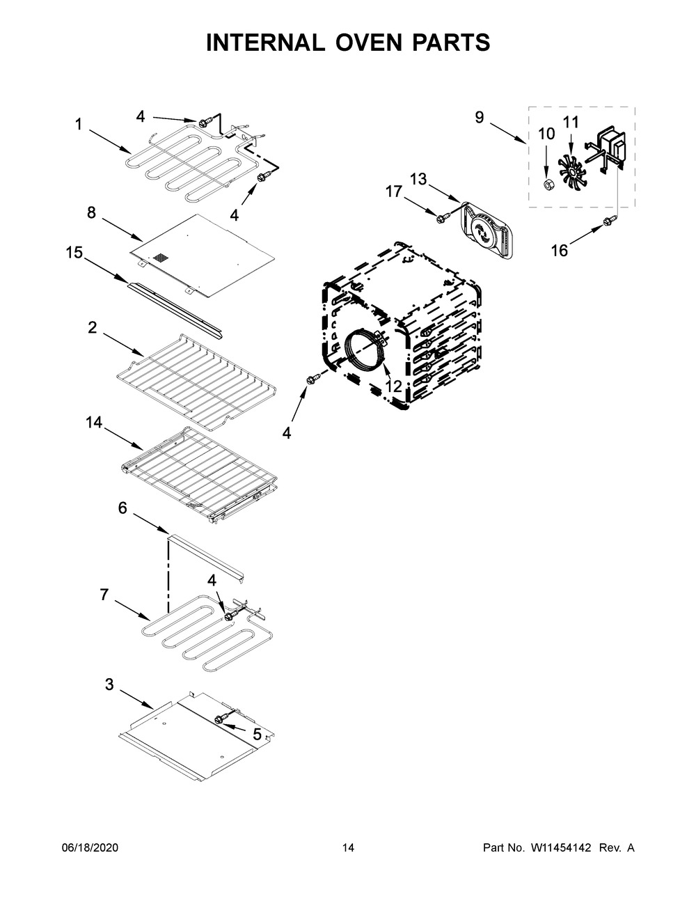Internal Oven Parts Diagram and Parts List for  Whirlpool Microwave Oven Combo