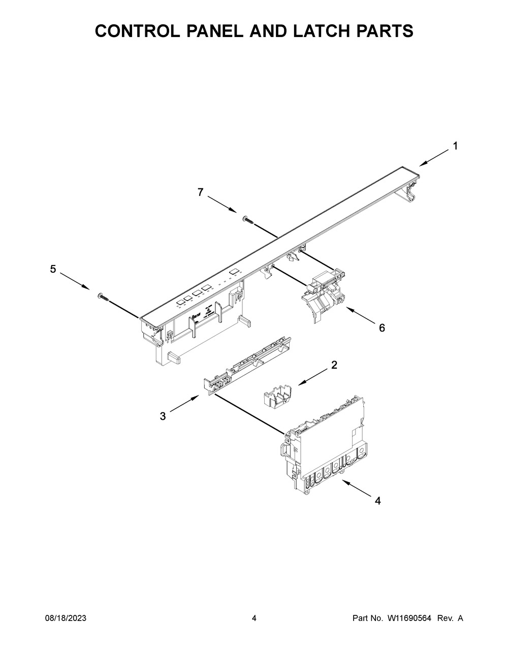 Control Panel And Latch Parts Diagram and Parts List for  Whirlpool Dishwasher