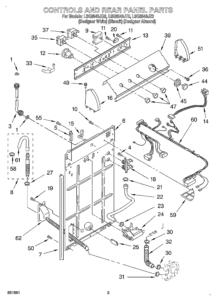 CONTROL AND REAR PANEL Diagram and Parts List for  Whirlpool Washer