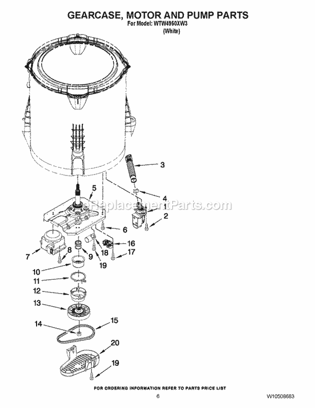 Gearcase, Motor And Pump Parts Diagram and Parts List for  Whirlpool Washer