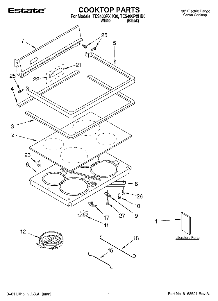 COOKTOP, LITERATURE Diagram and Parts List for TES400PXHQ0  Estate Range