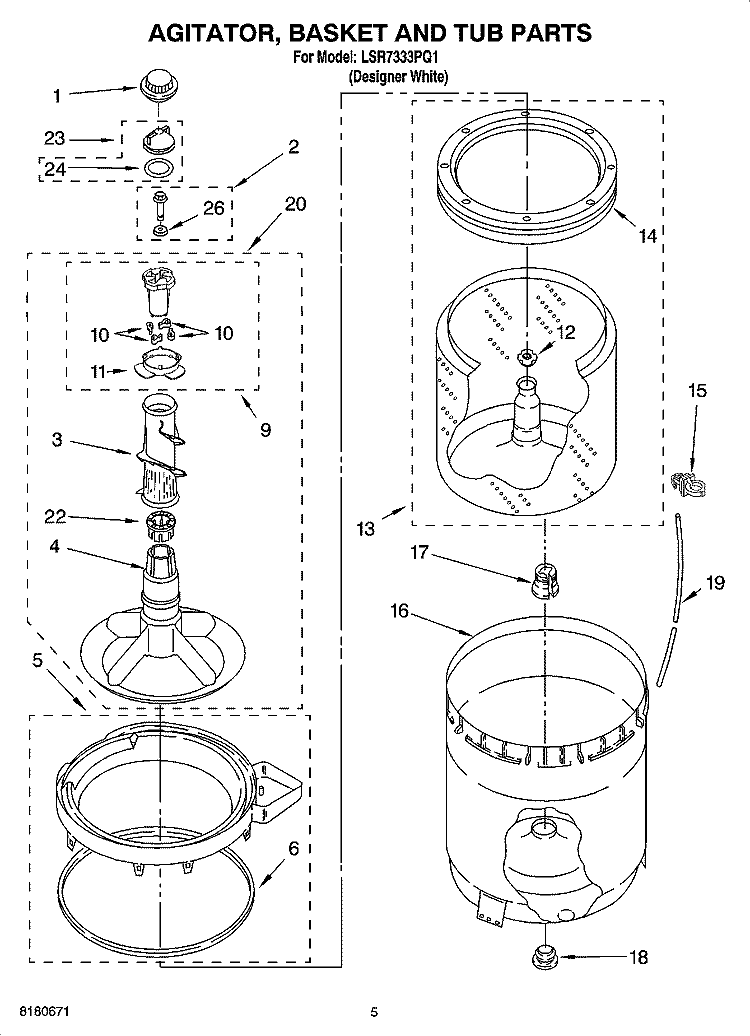 AGITATOR, BASKET AND TUB PARTS Diagram and Parts List for  Whirlpool Washer