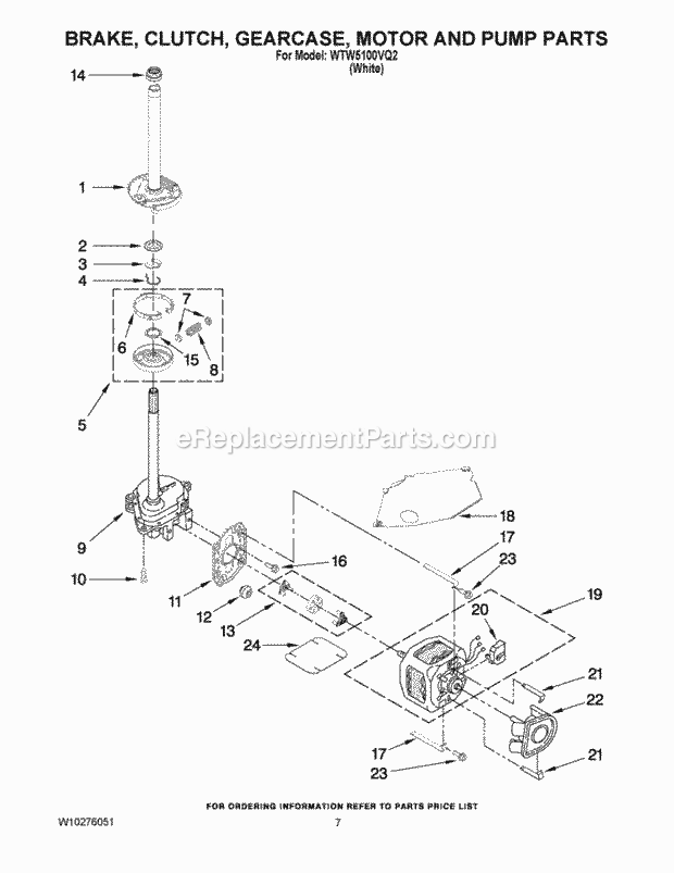 Brake, Clutch, Gearcase, Motor And Pump Parts Diagram and Parts List for  Whirlpool Washer