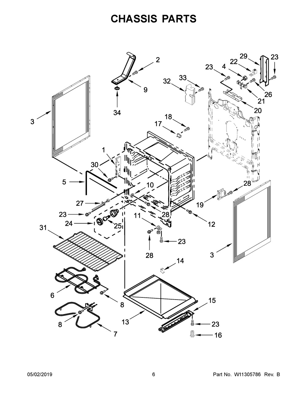 Chassis Parts Diagram and Parts List for  Whirlpool Range