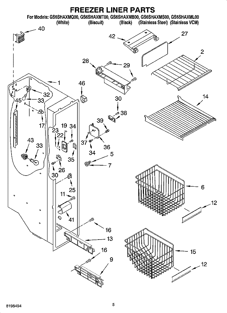 FREEZER LINER PARTS Diagram and Parts List for GS6SHAXMB00  Whirlpool Refrigerator