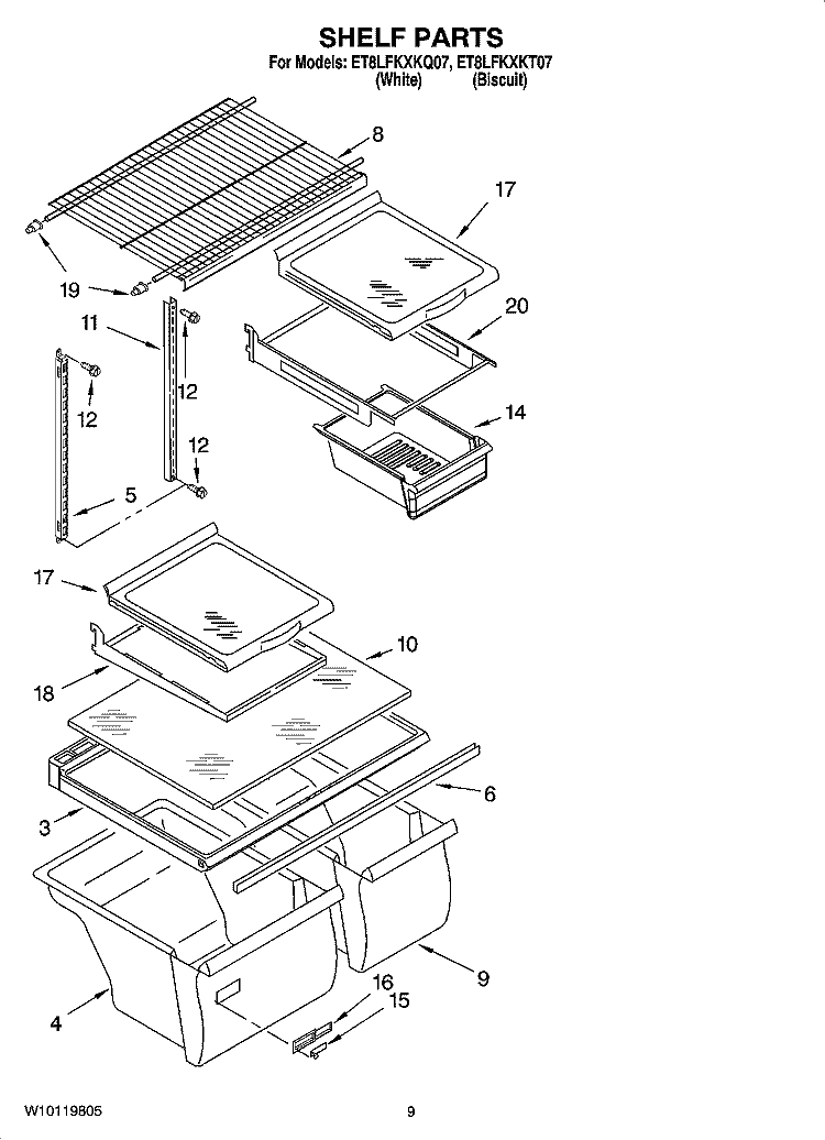 SHELF PARTS, OPTIONAL PARTS Diagram and Parts List for ET8LFKXKT07  Whirlpool Refrigerator