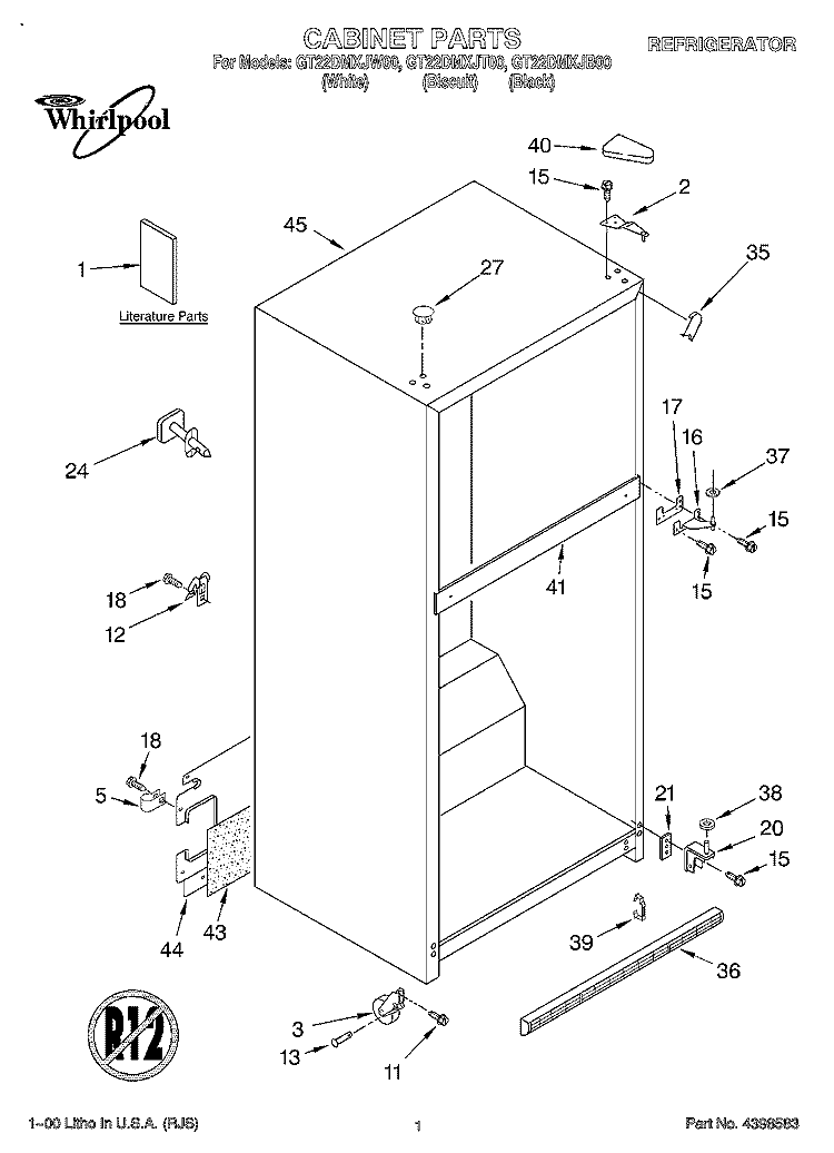 CABINET, LITERATURE Diagram and Parts List for GT22DMXJT00  Whirlpool Refrigerator