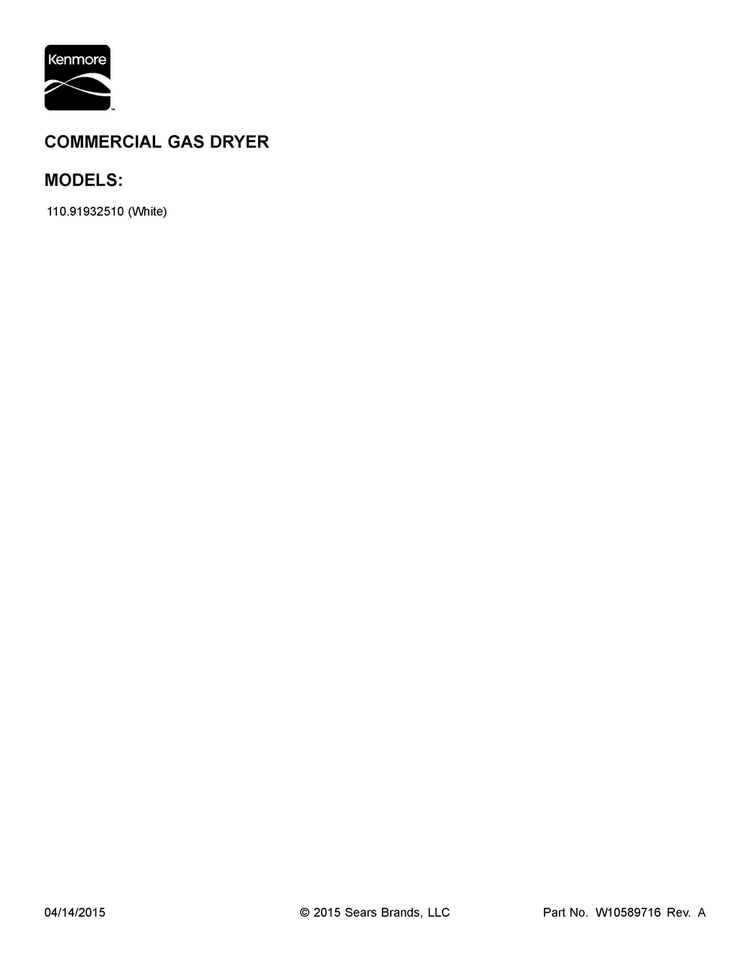 Cover Sheet Diagram and Parts List for 11091932510  Kenmore Dryer