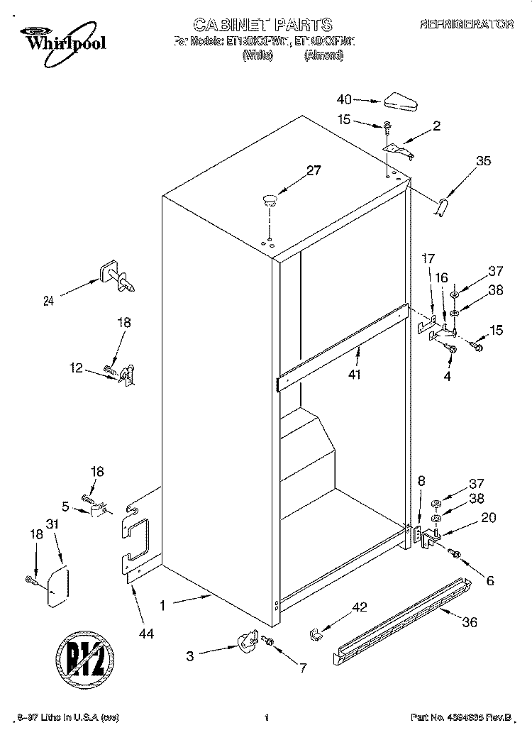 CABINET Diagram and Parts List for ET19DKXFW01  Whirlpool Refrigerator
