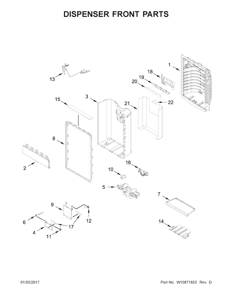 Dispenser Front Parts Diagram and Parts List for  Whirlpool Refrigerator