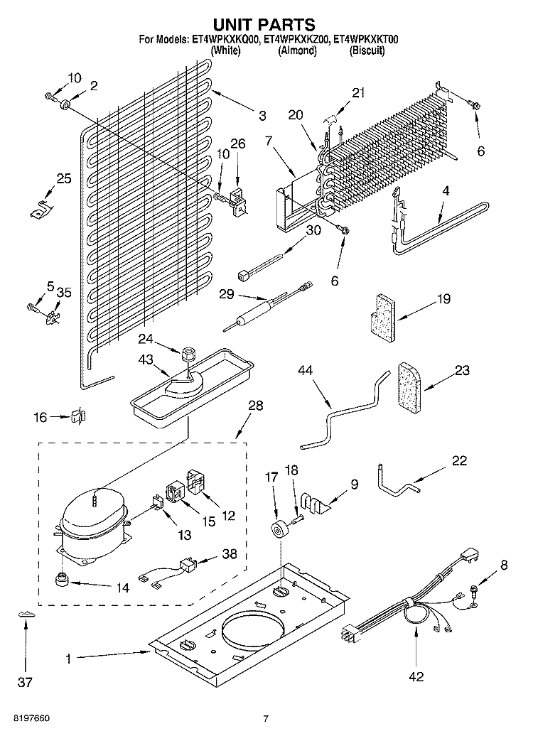 UNIT Diagram and Parts List for ET4WPKXKZ00  Whirlpool Refrigerator