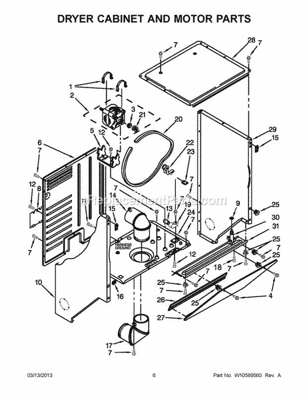 Dryer Cabinet And Motor Parts Diagram and Parts List for  Whirlpool Washer Dryer Combo