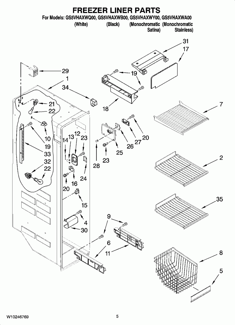 FREEZER LINER PARTS Diagram and Parts List for GS5VHAXWA00  Whirlpool Refrigerator