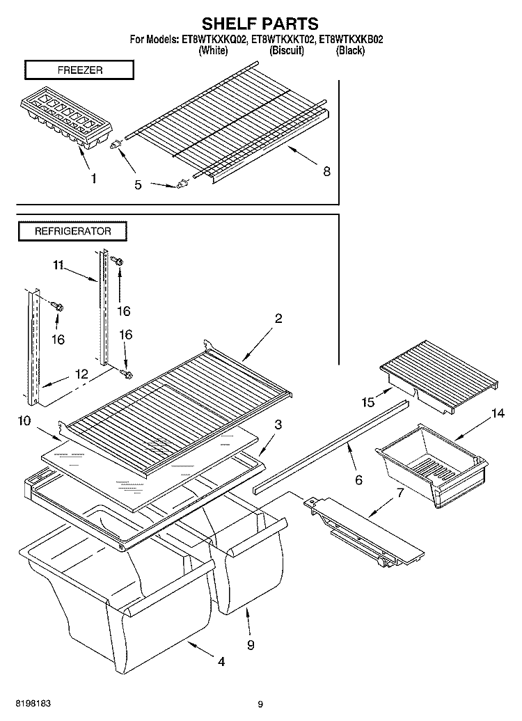 SHELF, OPTIONAL Diagram and Parts List for ET8WTKXKQ02  Whirlpool Refrigerator