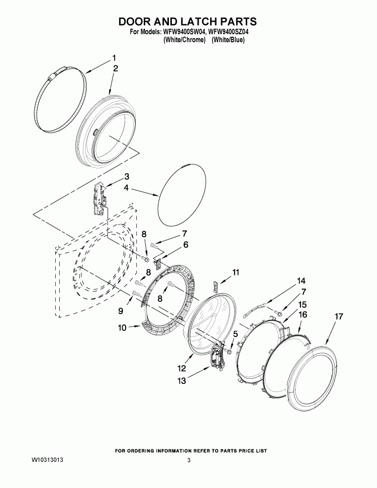 DOOR AND LATCH PARTS Diagram and Parts List for  Whirlpool Washer