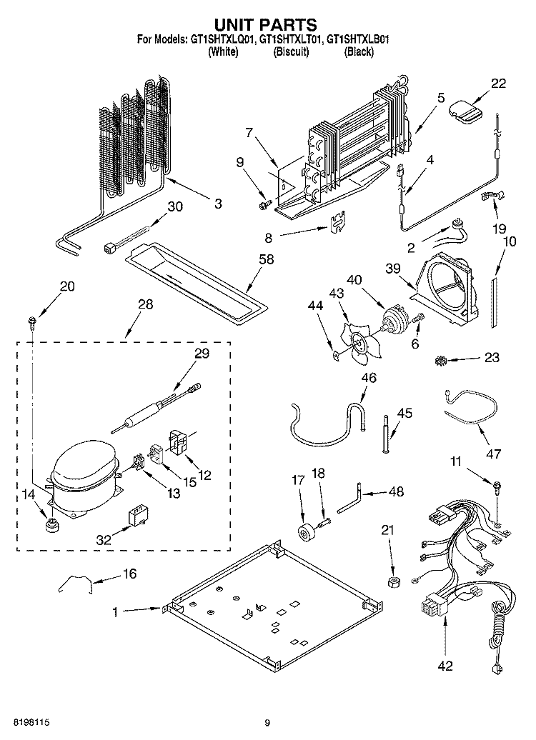 UNIT Diagram and Parts List for GT1SHTXLB01  Whirlpool Refrigerator