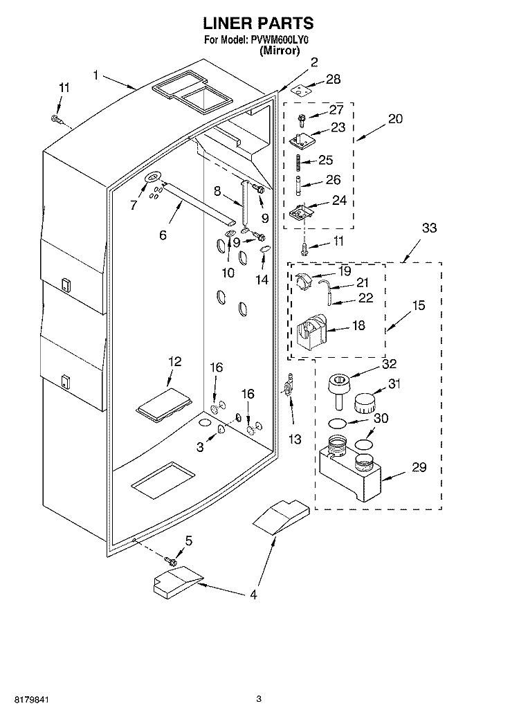 LINER Diagram and Parts List for PVWM600LY0  Whirlpool Cabinet