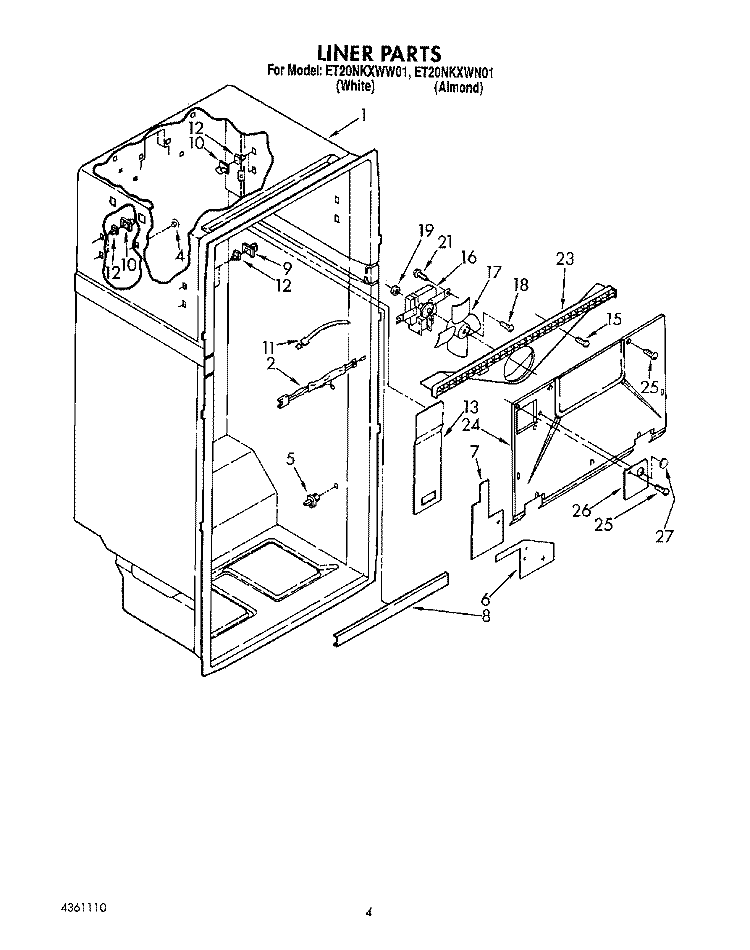 LINER Diagram and Parts List for ET20NKXWW01  Whirlpool Refrigerator