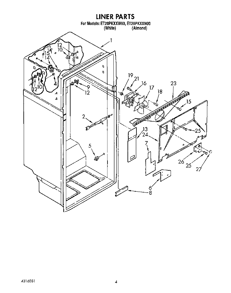 LINER Diagram and Parts List for ET20PKXXN00  Whirlpool Refrigerator