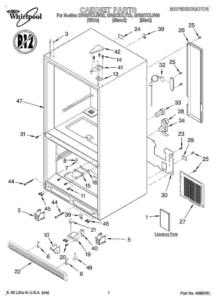 CABINET, LITERATURE Diagram and Parts List for GB22DKXJB00  Whirlpool Refrigerator