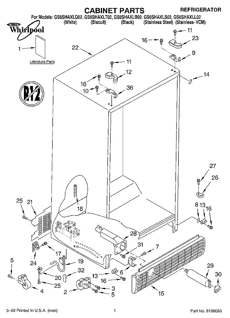 CABINET, LITERATURE Diagram and Parts List for GS6SHAXLS02  Whirlpool Refrigerator