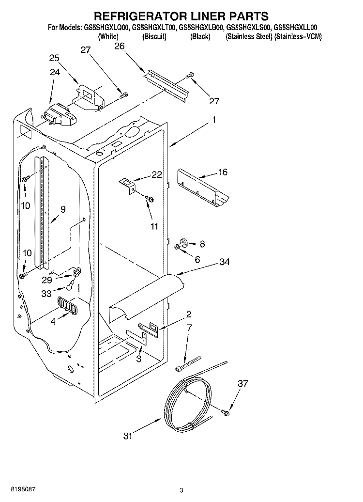 REFRIGERATOR LINER Diagram and Parts List for GS5SHGXLS00  Whirlpool Refrigerator