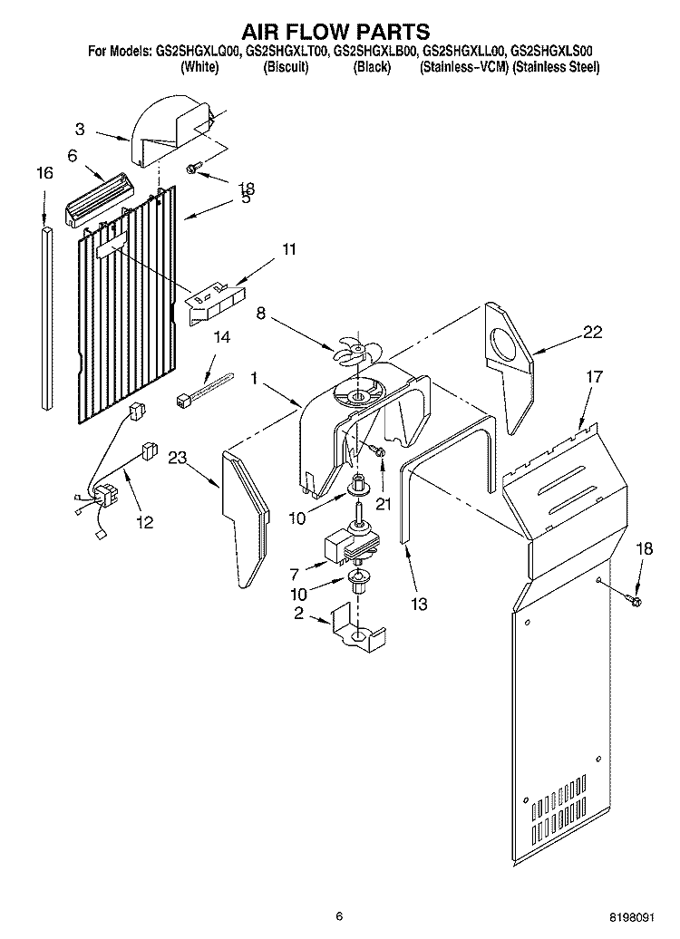 AIR FLOW Diagram and Parts List for GS2SHGXLS00  Whirlpool Refrigerator