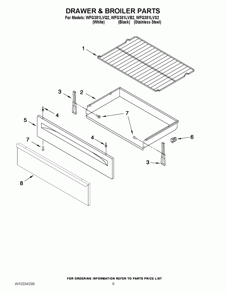 DRAWER & BROILER PARTS Diagram and Parts List for  Whirlpool Range