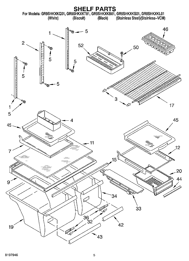 SHELF Diagram and Parts List for GR9SHKXKL01  Whirlpool Refrigerator