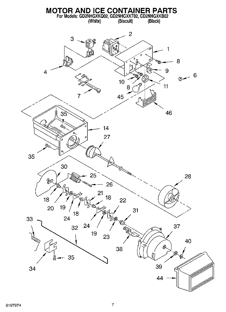 MOTOR AND ICE CONTAINER Diagram and Parts List for GD2NHGXKT02  Whirlpool Refrigerator