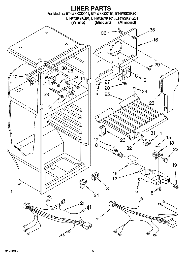 LINER Diagram and Parts List for ET4WSKYKT01  Whirlpool Refrigerator
