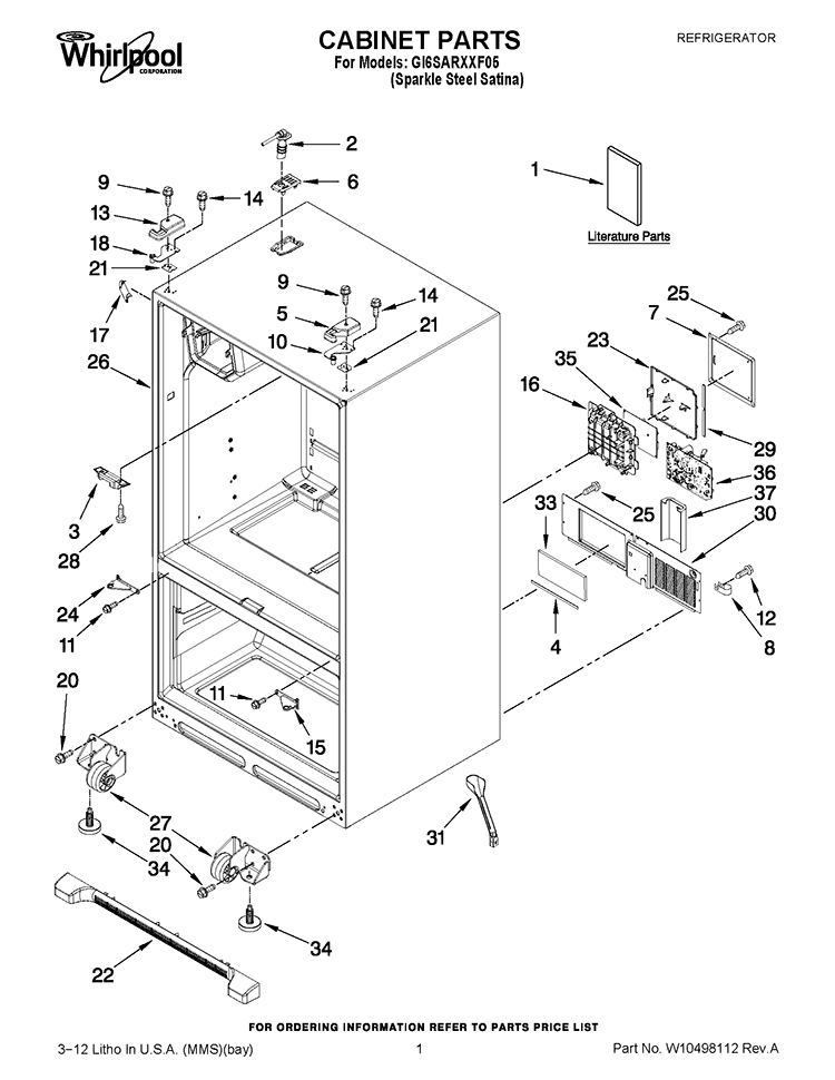 CABINET PARTS Diagram and Parts List for GI6SARXXF05  Whirlpool Refrigerator