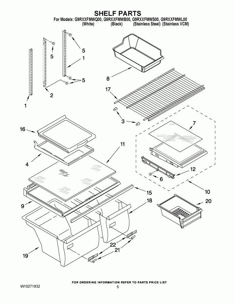 SHELF PARTS Diagram and Parts List for G9RXXFMWS00  Whirlpool Refrigerator