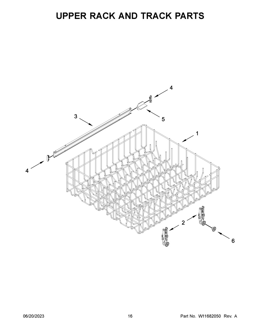 Upper Rack And Track Parts Diagram and Parts List for  Whirlpool Dishwasher