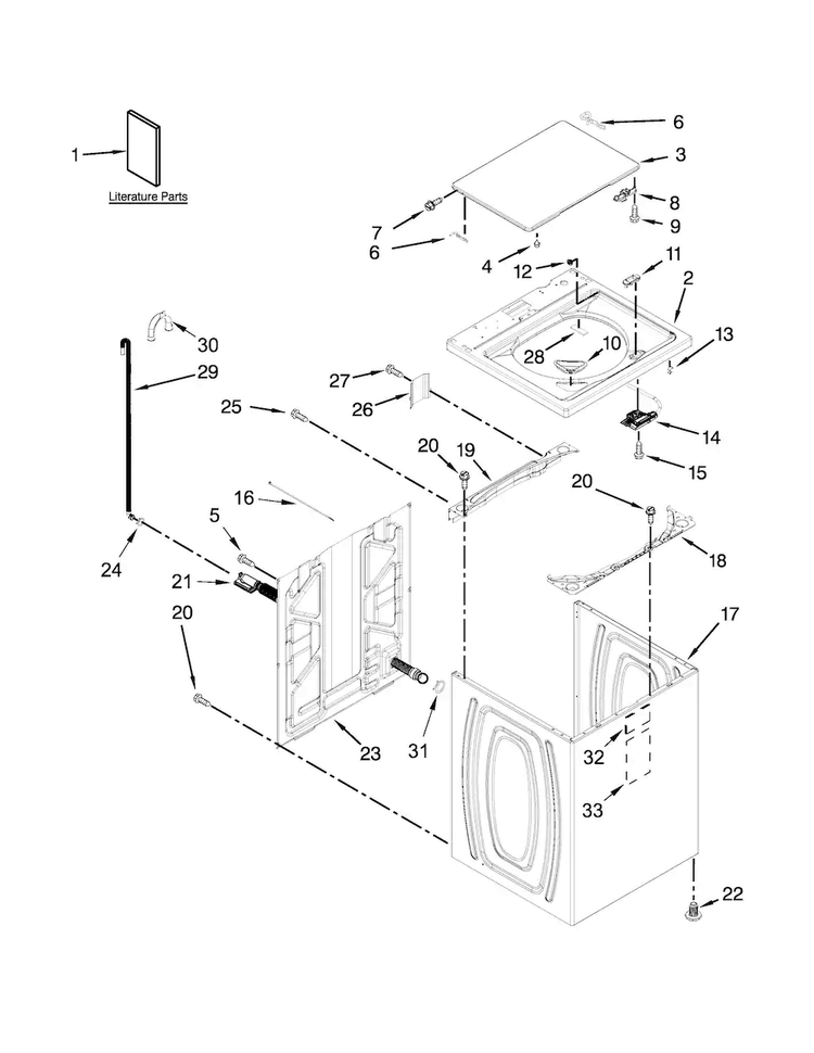 Top And Cabinet Parts Diagram and Parts List for  Whirlpool Washer