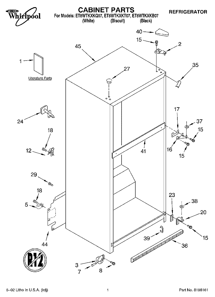 CABINET, LITERATURE Diagram and Parts List for ET8WTKXKT07  Whirlpool Refrigerator