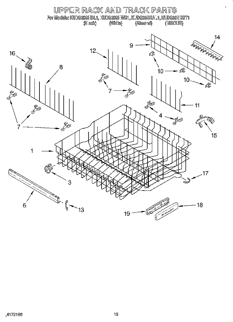 UPPER RACK AND TRACK Diagram and Parts List for  KitchenAid Dishwasher