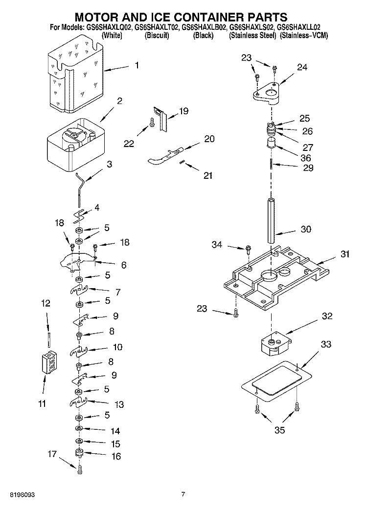 MOTOR AND ICE CONTAINER Diagram and Parts List for GS6SHAXLS02  Whirlpool Refrigerator