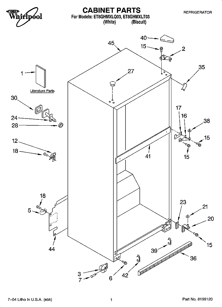 CABINET PARTS Diagram and Parts List for ET8GHMXLQ03  Whirlpool Refrigerator