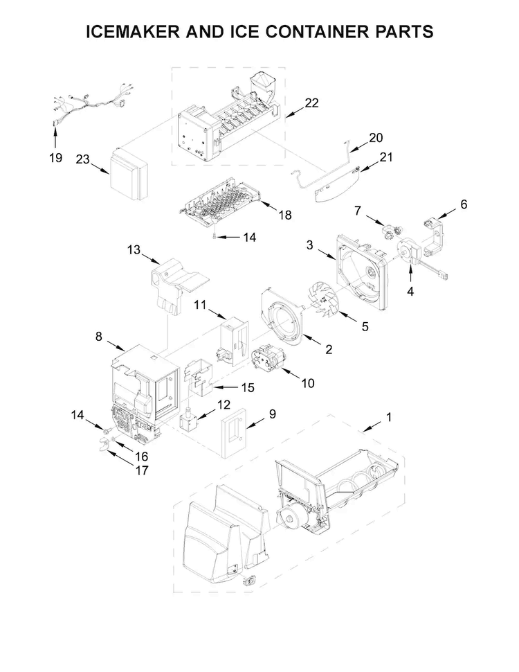 Icemaker And Ice Container Parts Diagram and Parts List for  Whirlpool Refrigerator