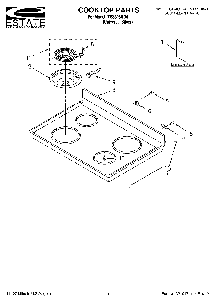 COOKTOP PARTS Diagram and Parts List for TES326RD4  Estate Range