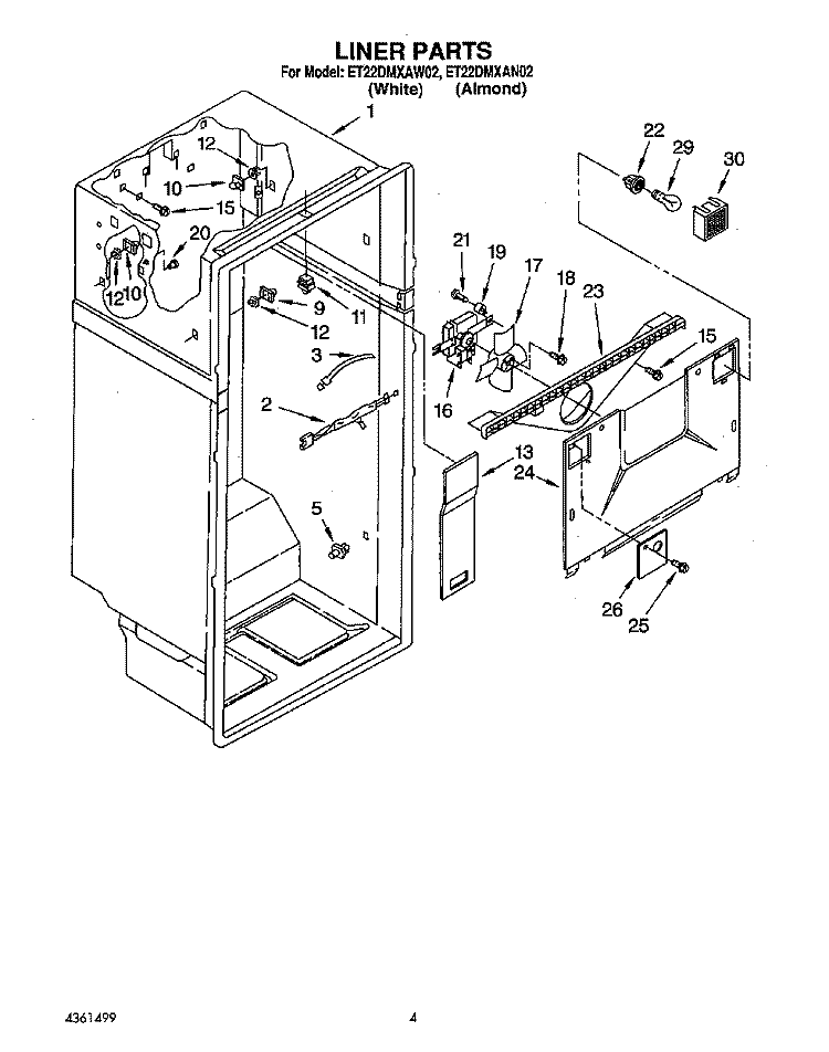 LINER Diagram and Parts List for ET22DMXAW02  Whirlpool Refrigerator