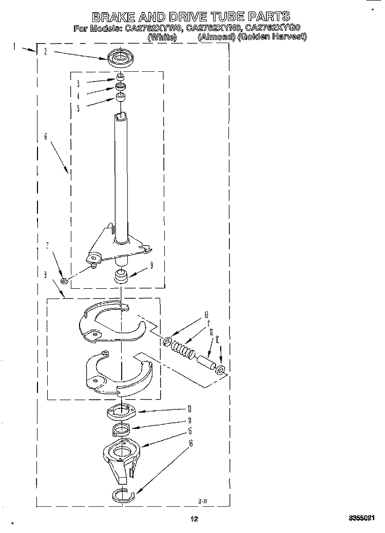 BRAKE AND DRIVE TUBE Diagram and Parts List for  Whirlpool Washer