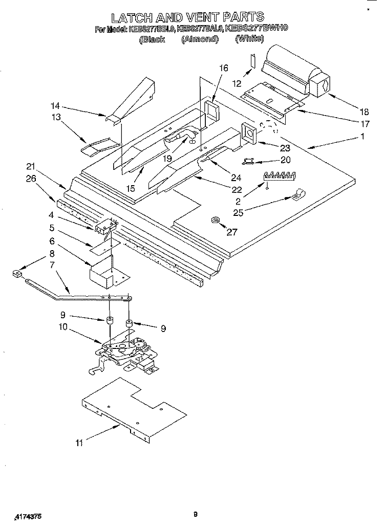 LATCH AND VENT Diagram and Parts List for KEBS277BWH0  KitchenAid Wall Oven
