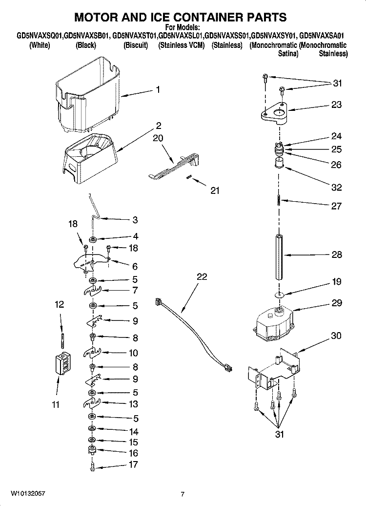 MOTOR AND ICE CONTAINER PARTS Diagram and Parts List for GD5NVAXSS01  Whirlpool Refrigerator